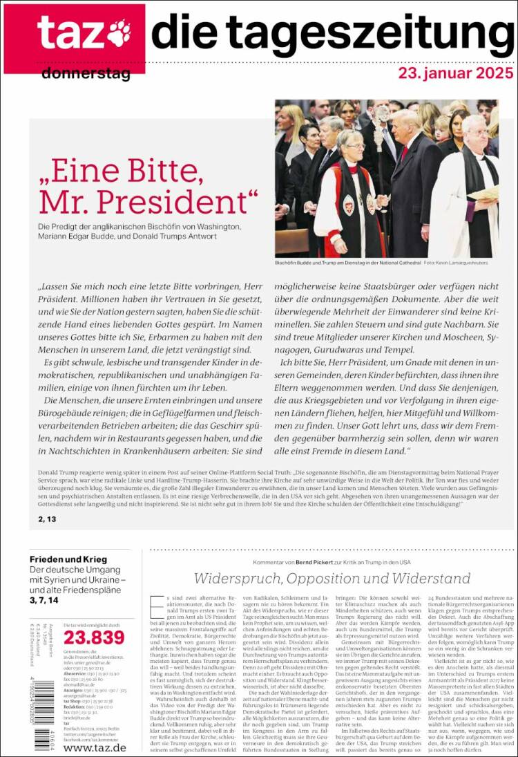 Portada de Die Tageszeitung (Alemania)