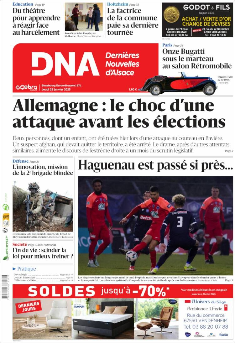 Portada de Les Dernières Nouvelles d'Alsace (Francia)