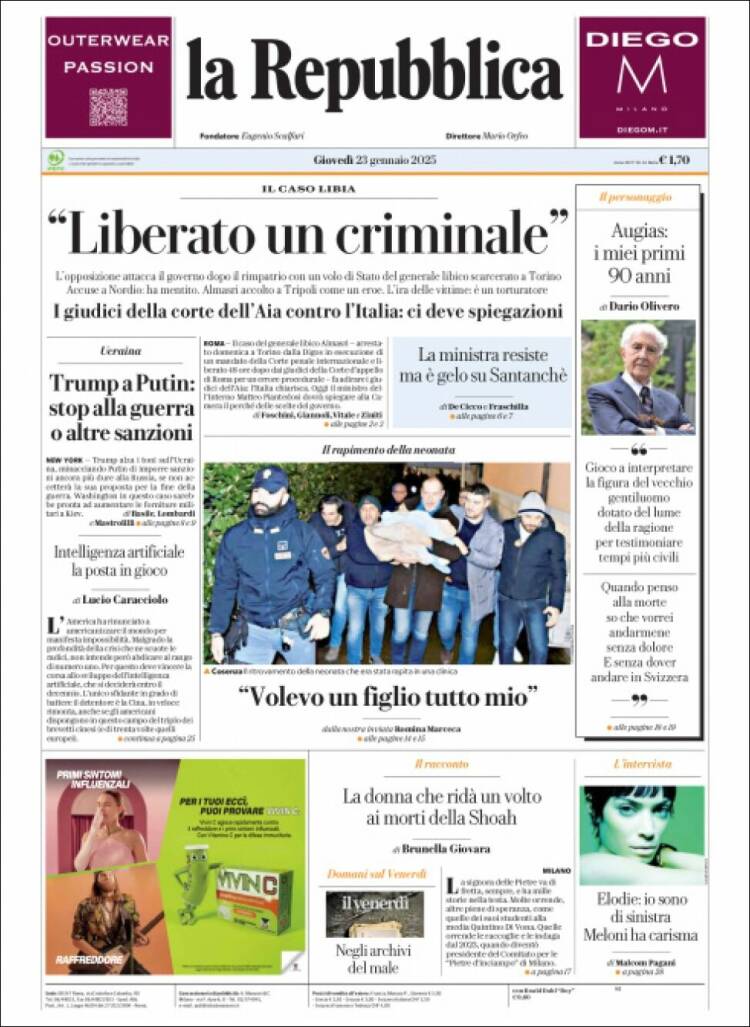 Portada de La Repubblica (Italia)
