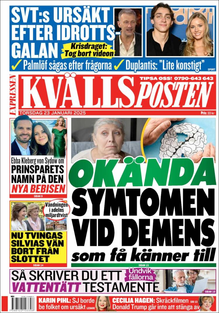 Portada de Kvällsposten (Suecia)