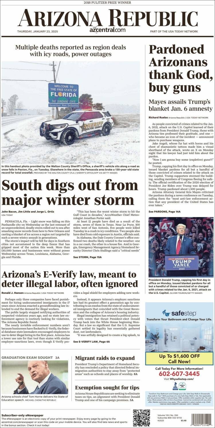 Portada de Arizona Republic News (USA)