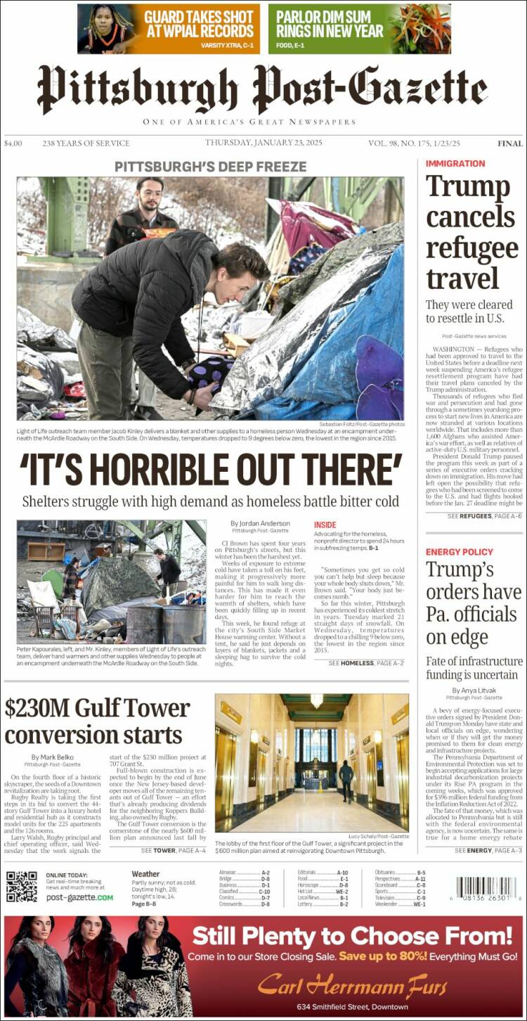 Portada de Pittsburgh Post-Gazette (USA)