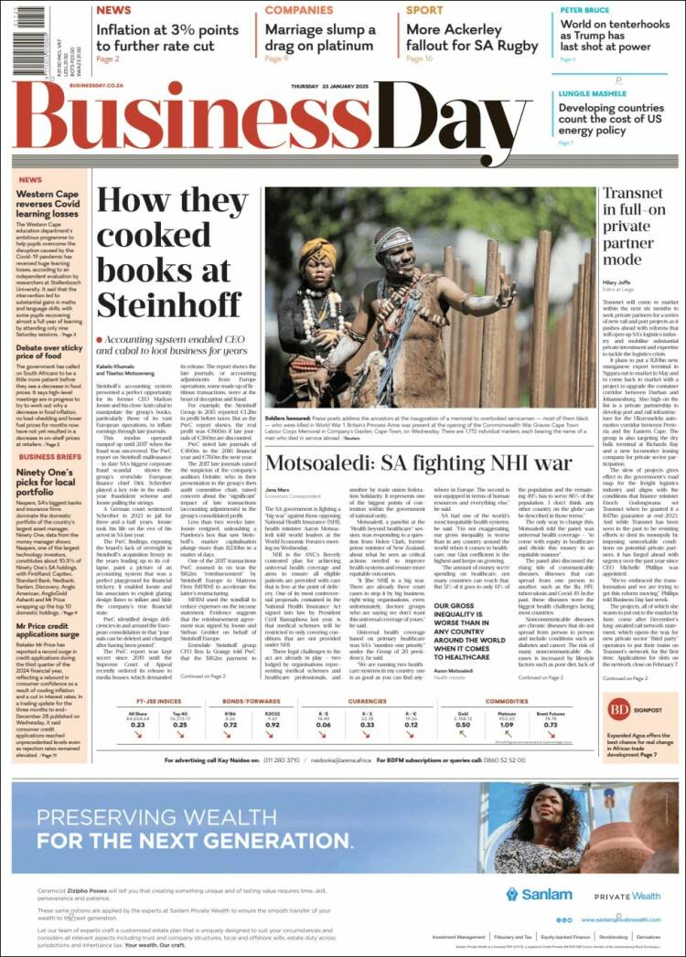 Portada de Business Day (Sud&aacute;frica)