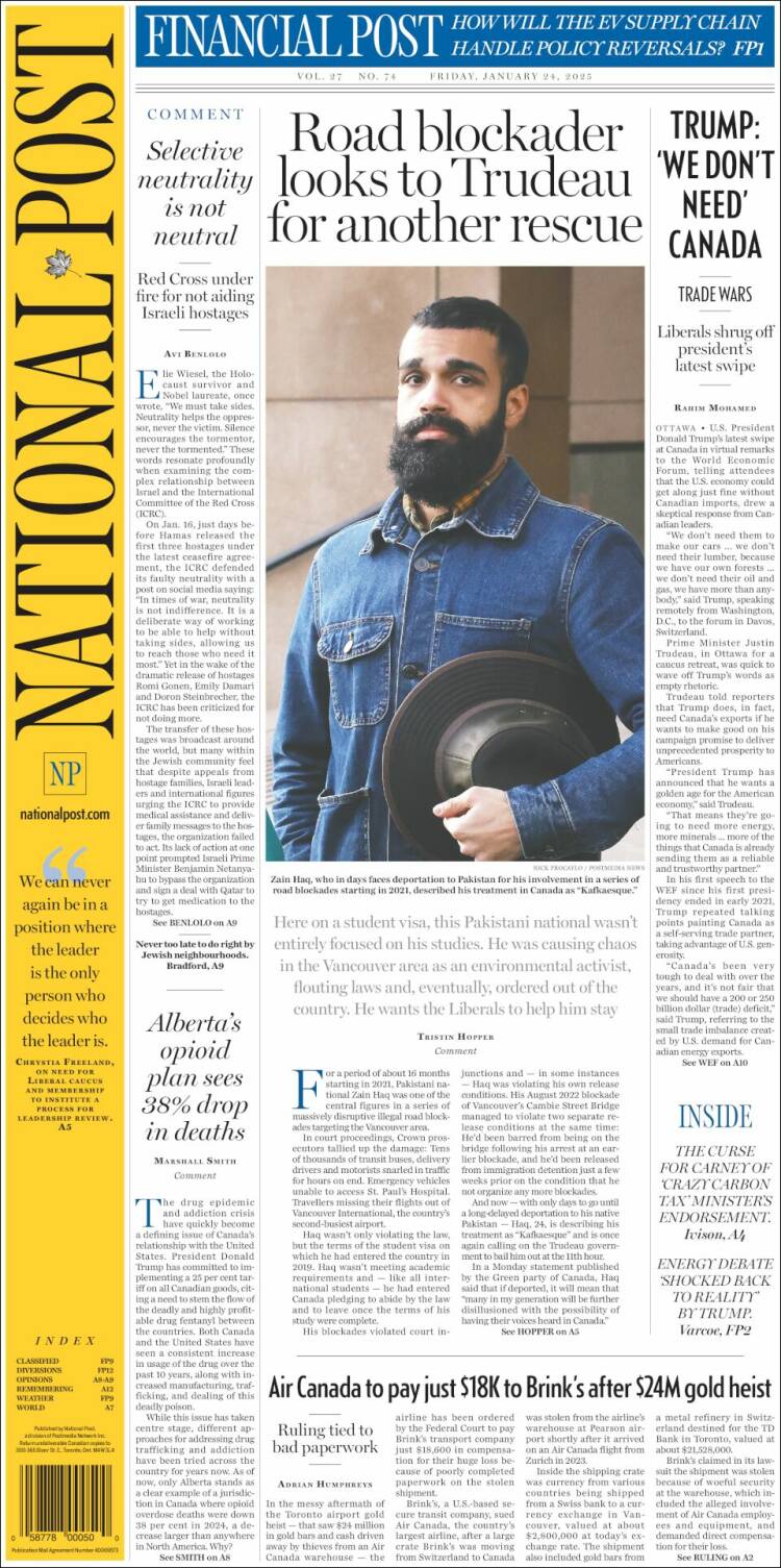 Portada de The National Post (Canadá)