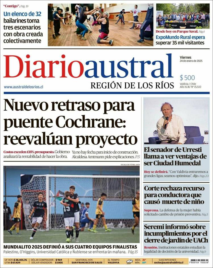 Portada de El Diario Austral de Valdivia (Chile)
