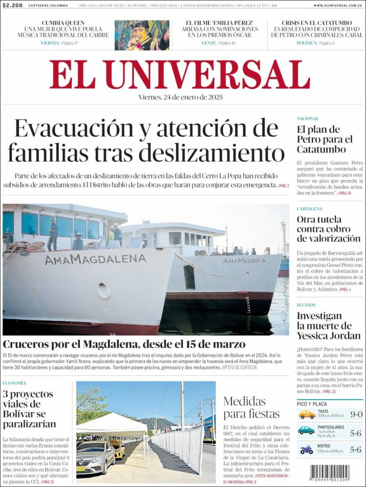 Portada de El Universal (Colombia)
