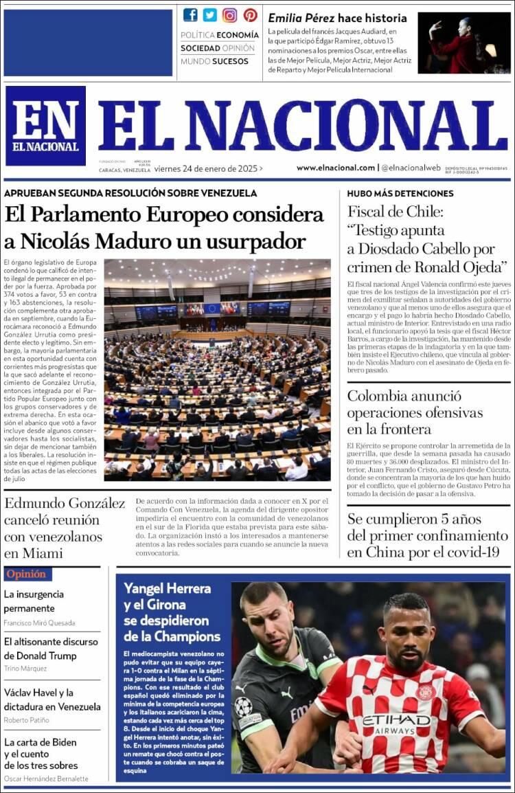 Portada de El Nacional (Venezuela)