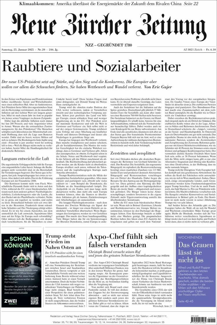 Portada de Neue Zürcher Zeitung (Suiza)