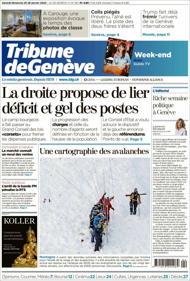 Portada de La Tribune de Genève (Suiza)