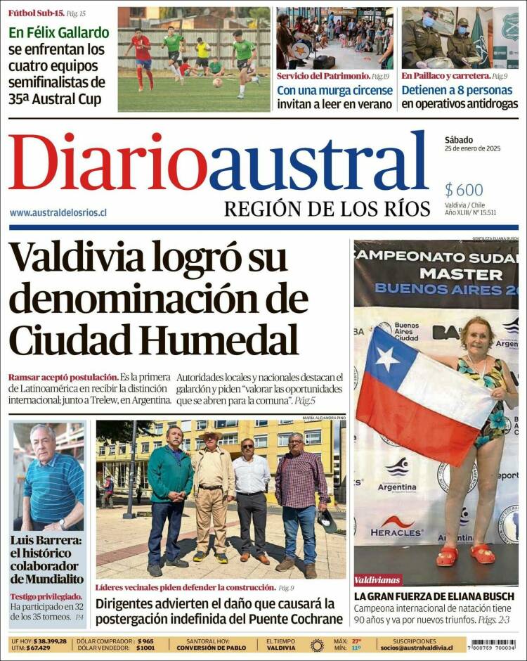Portada de El Diario Austral de Valdivia (Chile)