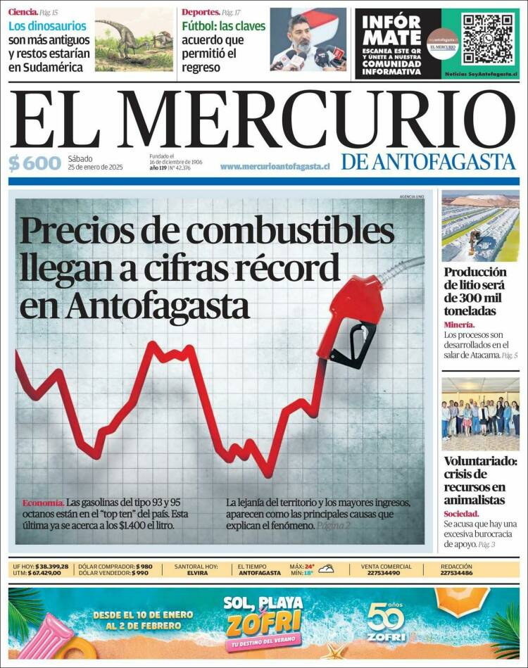 Portada de El Mercurio de Antofagasta (Chile)