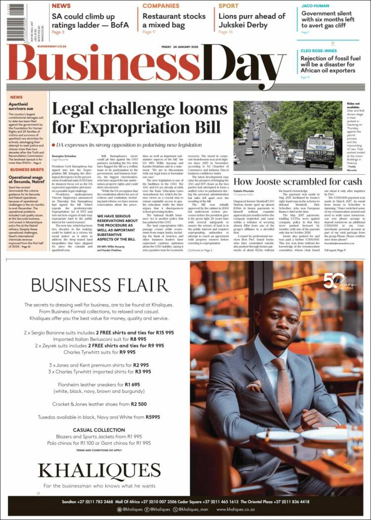 Portada de Business Day (Sud&aacute;frica)