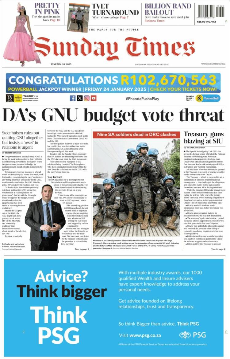 Portada de The Times (Sud&aacute;frica)