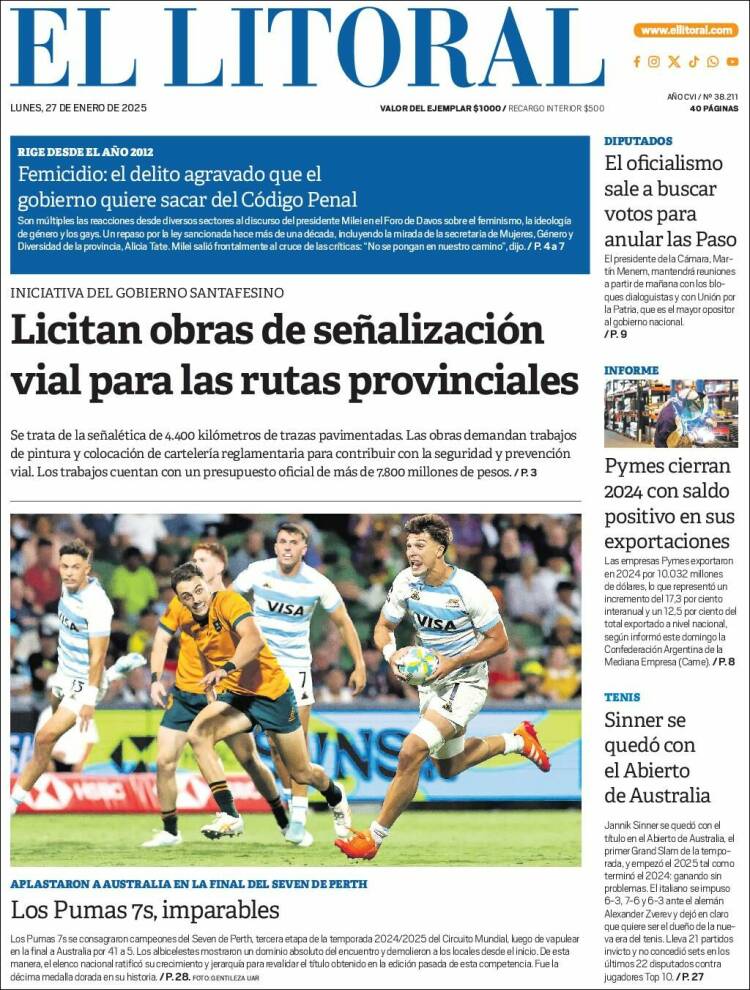 Portada de Diario El Litoral (Argentina)