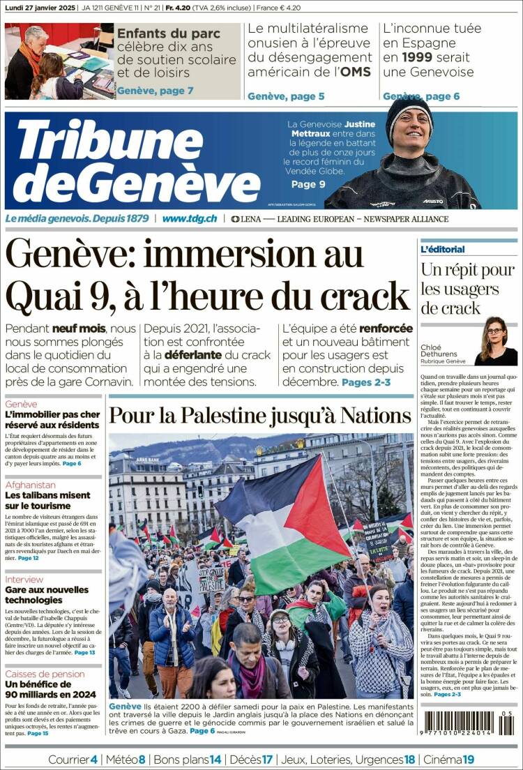 Portada de La Tribune de Genève (Suiza)