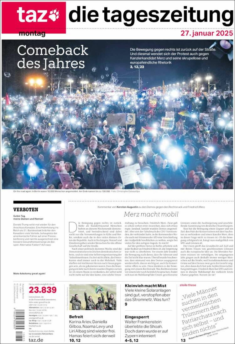 Portada de Die Tageszeitung (Alemania)