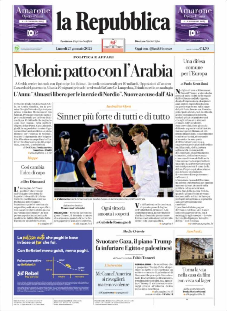 Portada de La Repubblica (Italia)