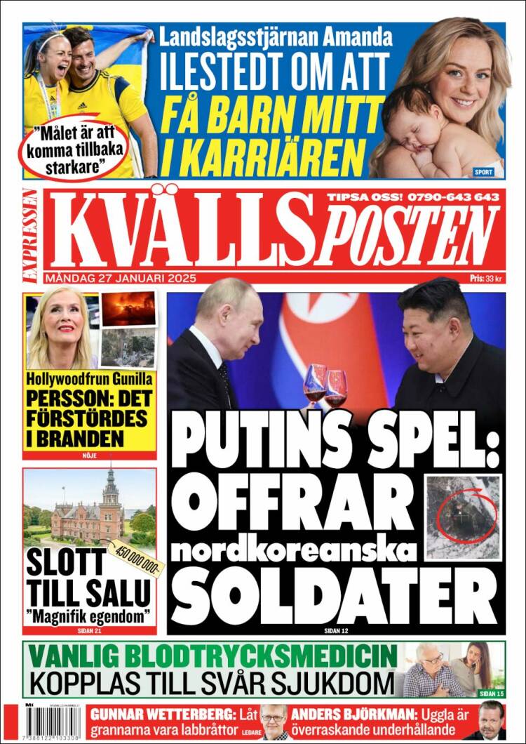 Portada de Kvällsposten (Suède)