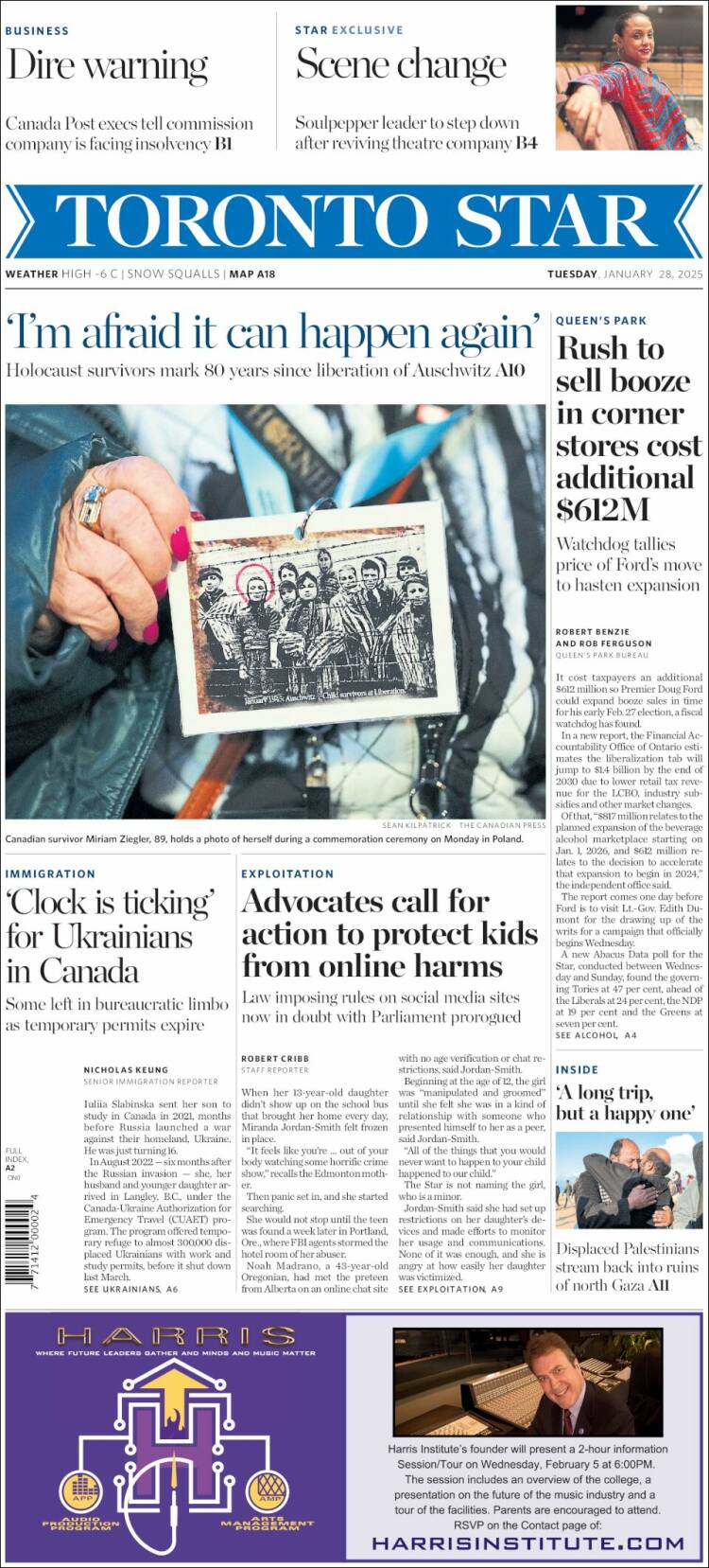 Portada de The Toronto Star (Canadá)