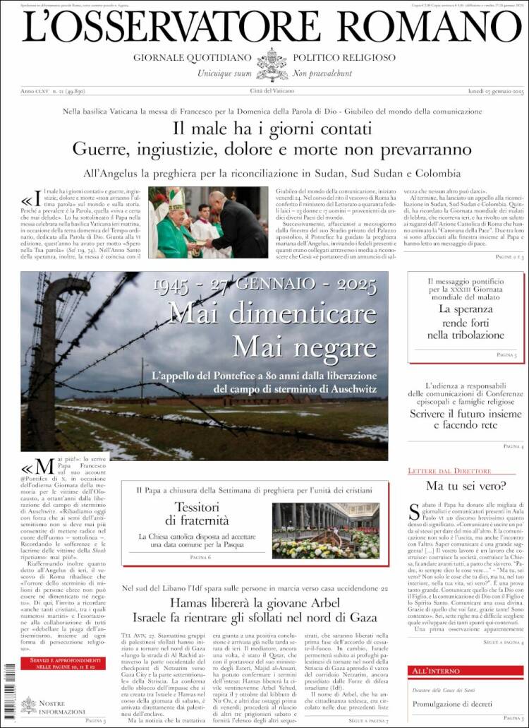Portada de L'Osservatore Romano (Italia)