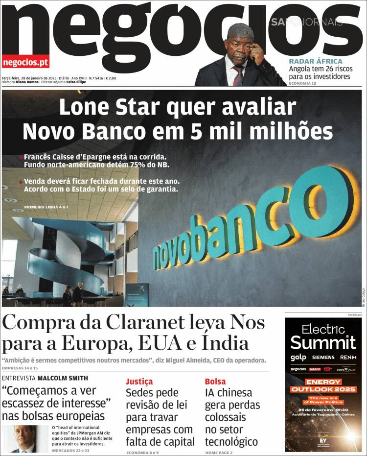 Portada de Jornal de Negócios (Portugal)