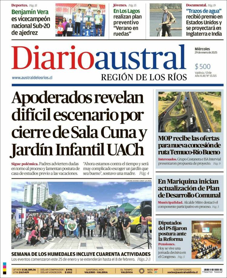 Portada de El Diario Austral de Valdivia (Chile)