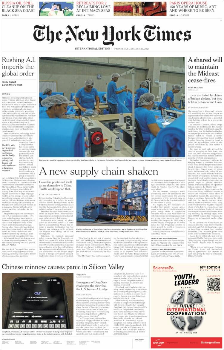 Portada de International New York Times (Europa)