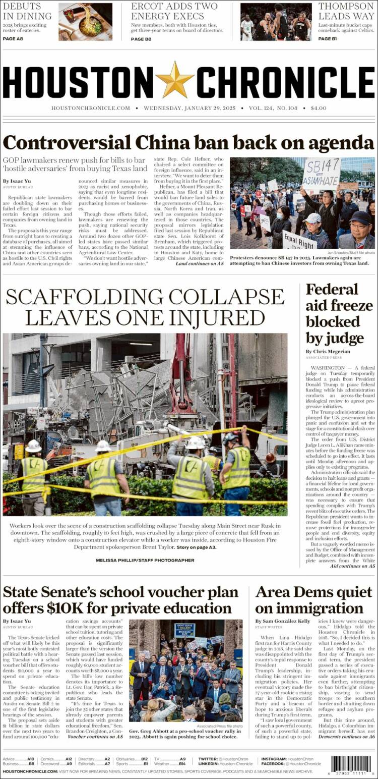 Portada de Houston Chronicle (USA)
