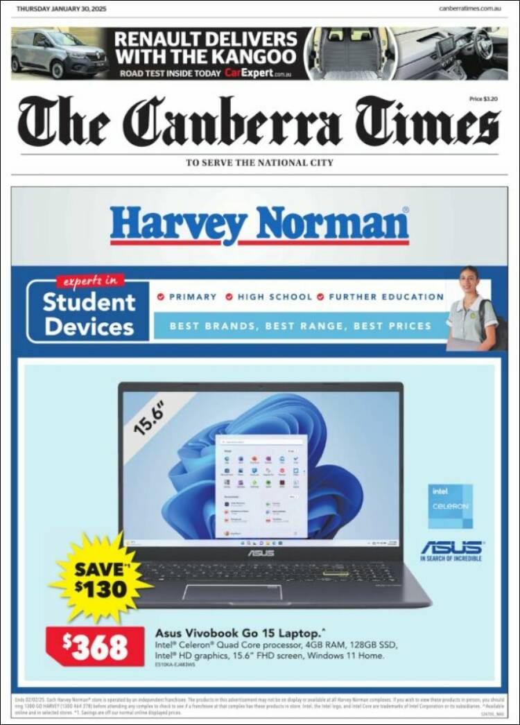 Portada de The Canberra Times (Australia)