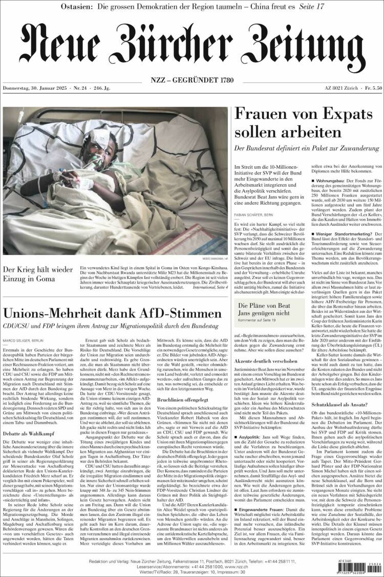 Portada de Neue Zürcher Zeitung (Suiza)