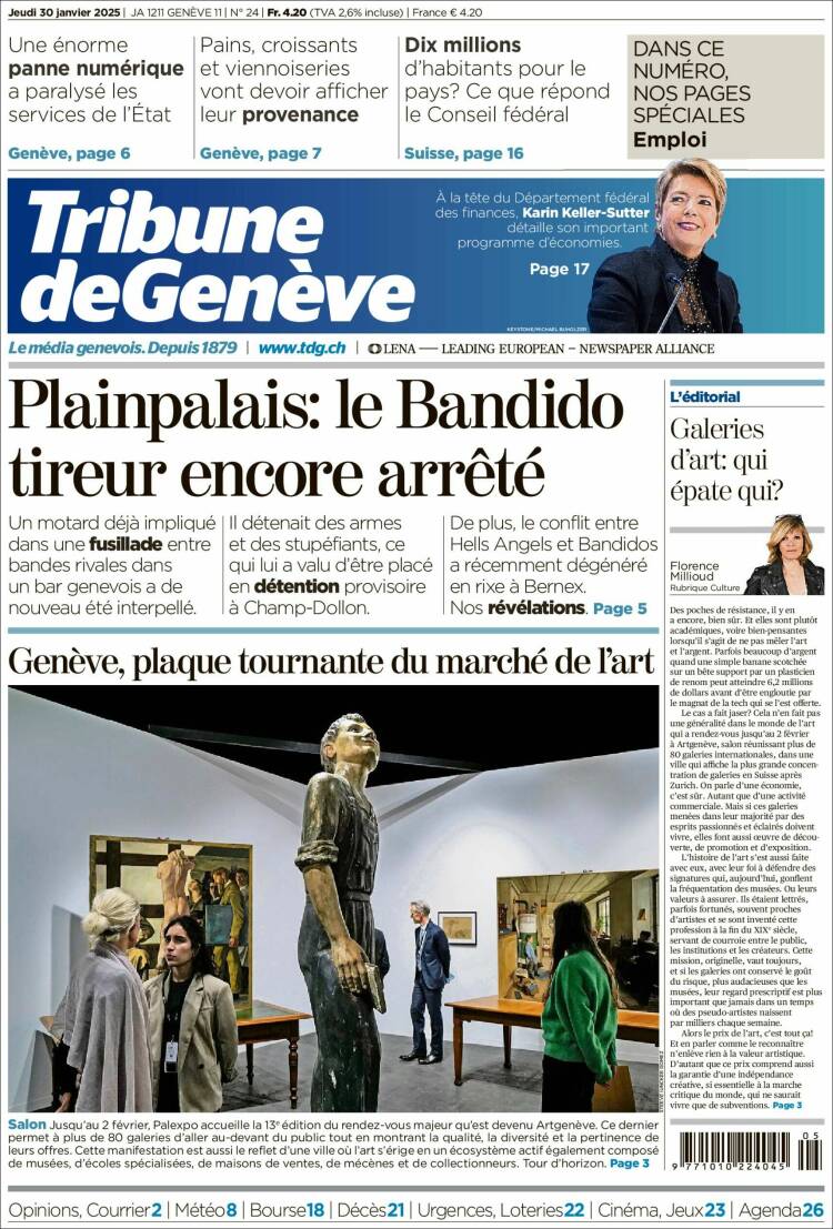 Portada de La Tribune de Genève (Suiza)