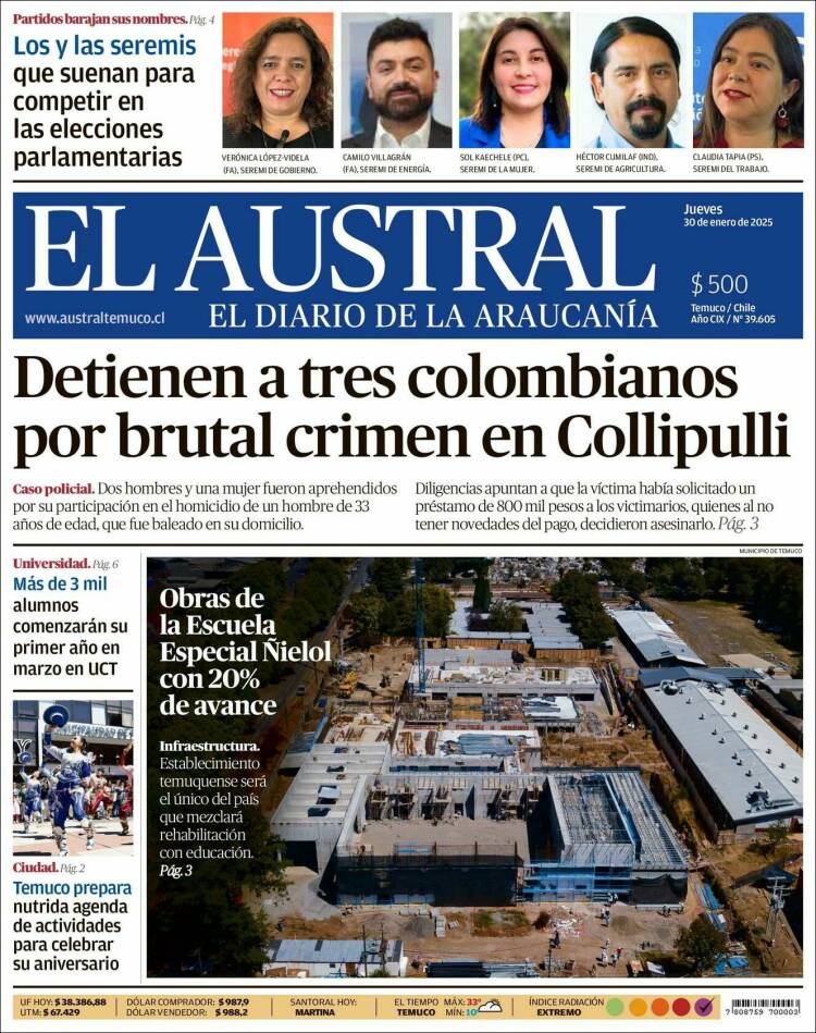 Portada de El Austral de Temuco (Chile)