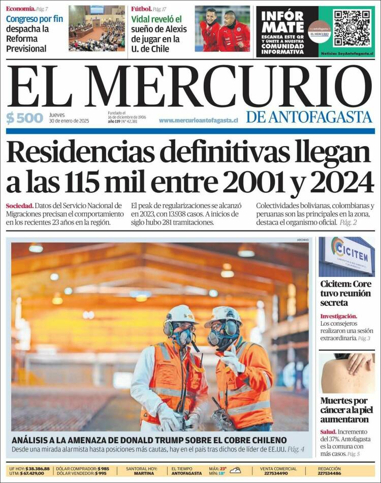 Portada de El Mercurio de Antofagasta (Chile)