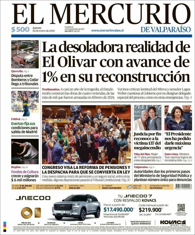 Portada de Mercurio de Valparaiso (Chile)