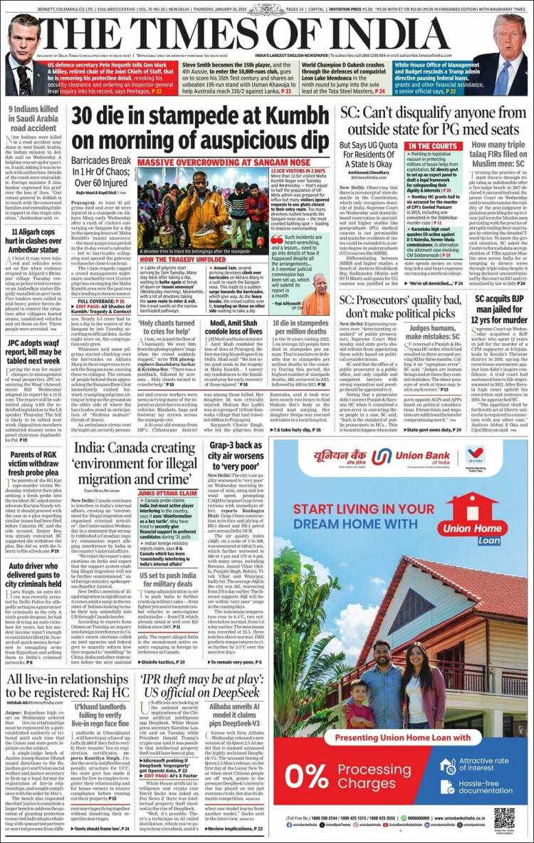 Portada de The Times of India (India)