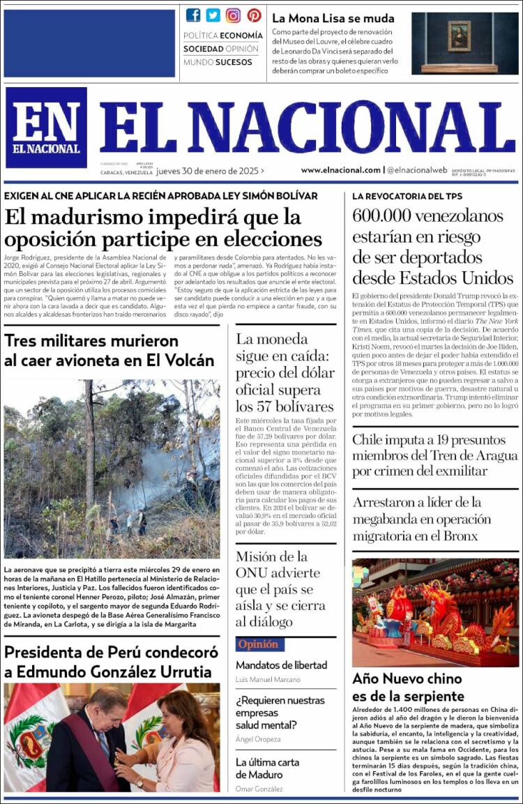 Portada de El Nacional (Venezuela)