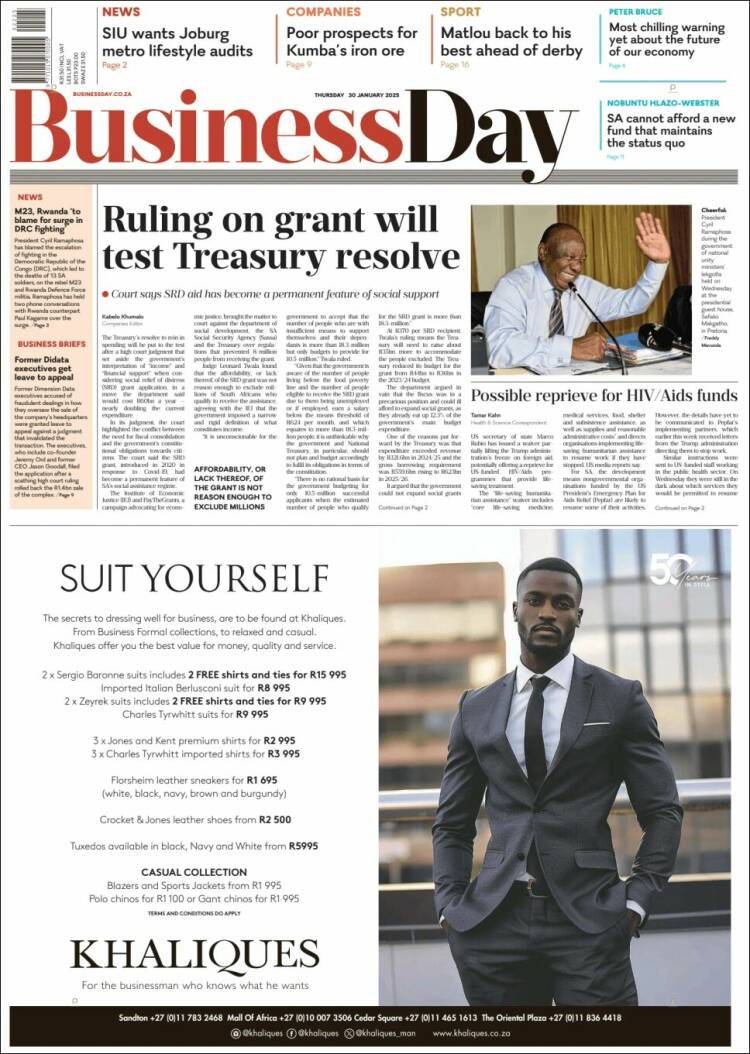 Portada de Business Day (Sud&aacute;frica)