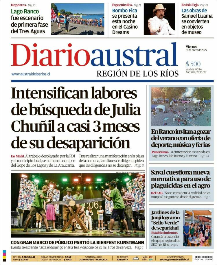 Portada de El Diario Austral de Valdivia (Chile)