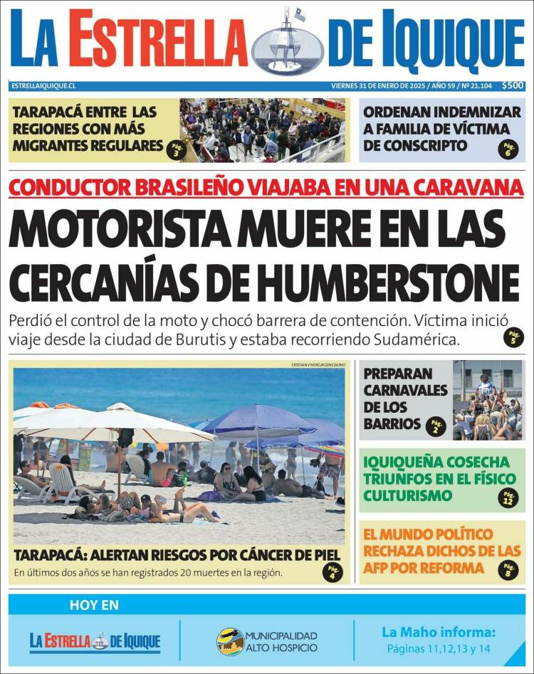 Portada de La Estrella de Iquique (Chile)