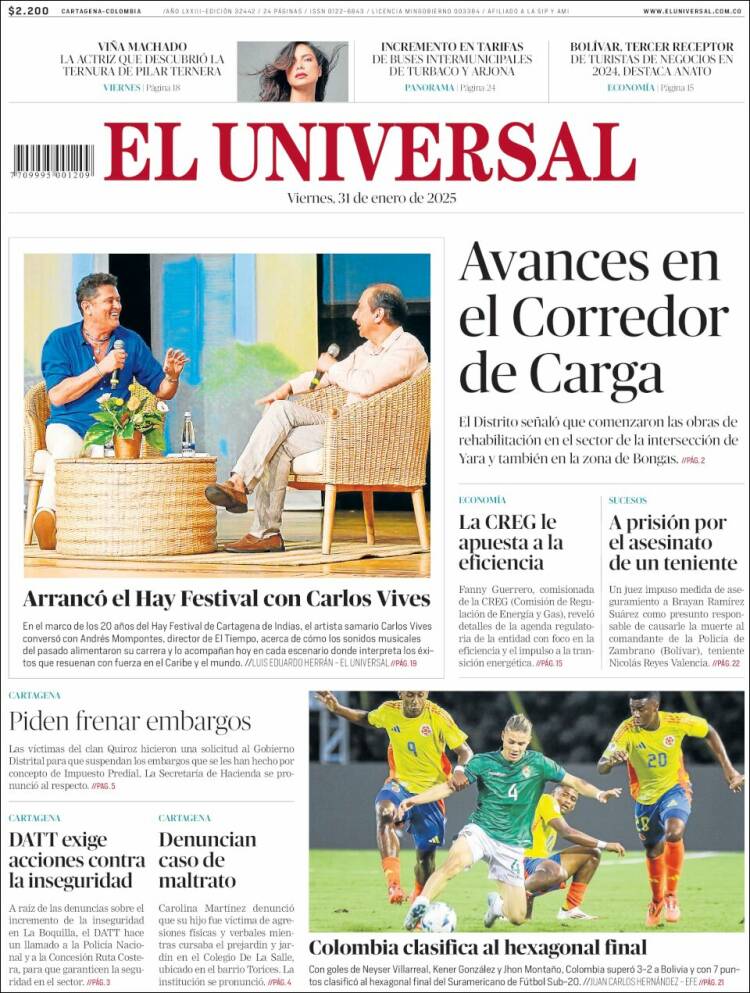 Portada de El Universal (Colombia)