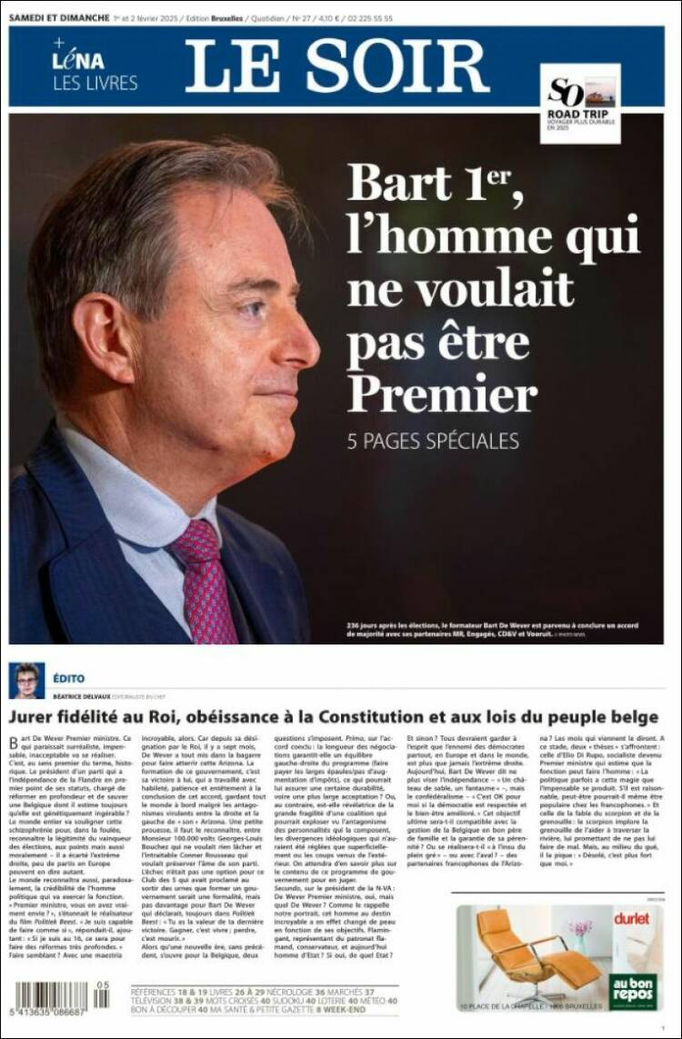 Portada de Le Soir (B&eacute;lgica)