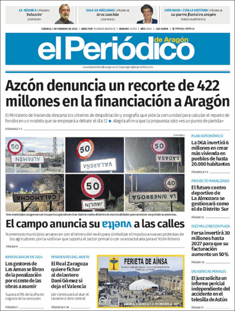 Portada de El Periódico de Aragón (España)