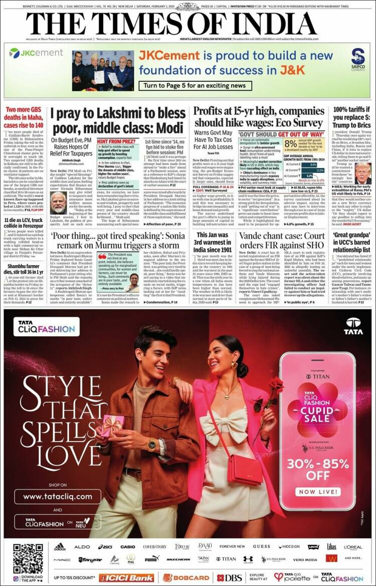 Portada de The Times of India (India)