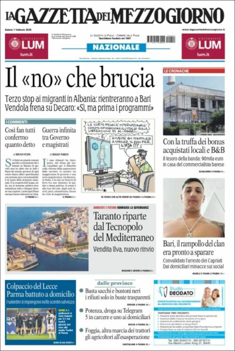 Portada de La Gazzetta del Mezzogiorno (Italia)
