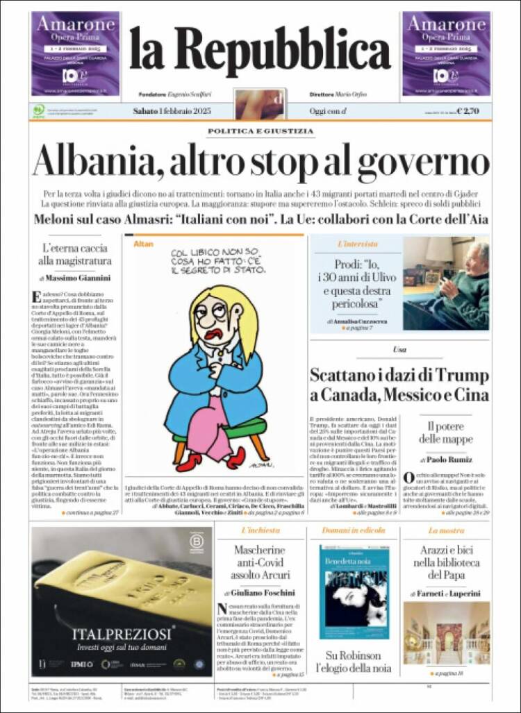 Portada de La Repubblica (Italia)