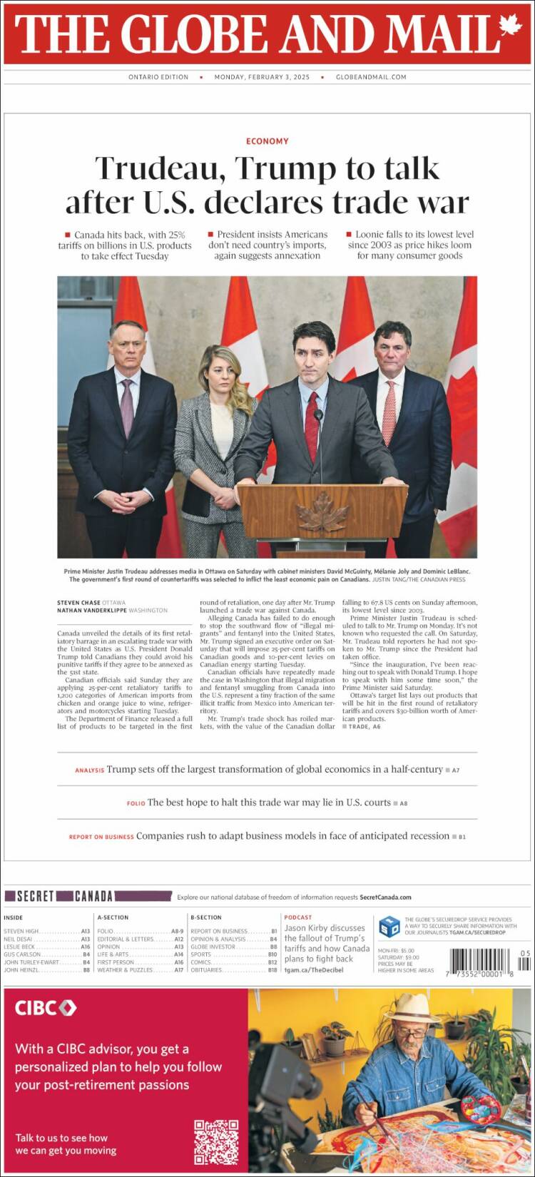 Portada de The Globe and Mail (Canadá)