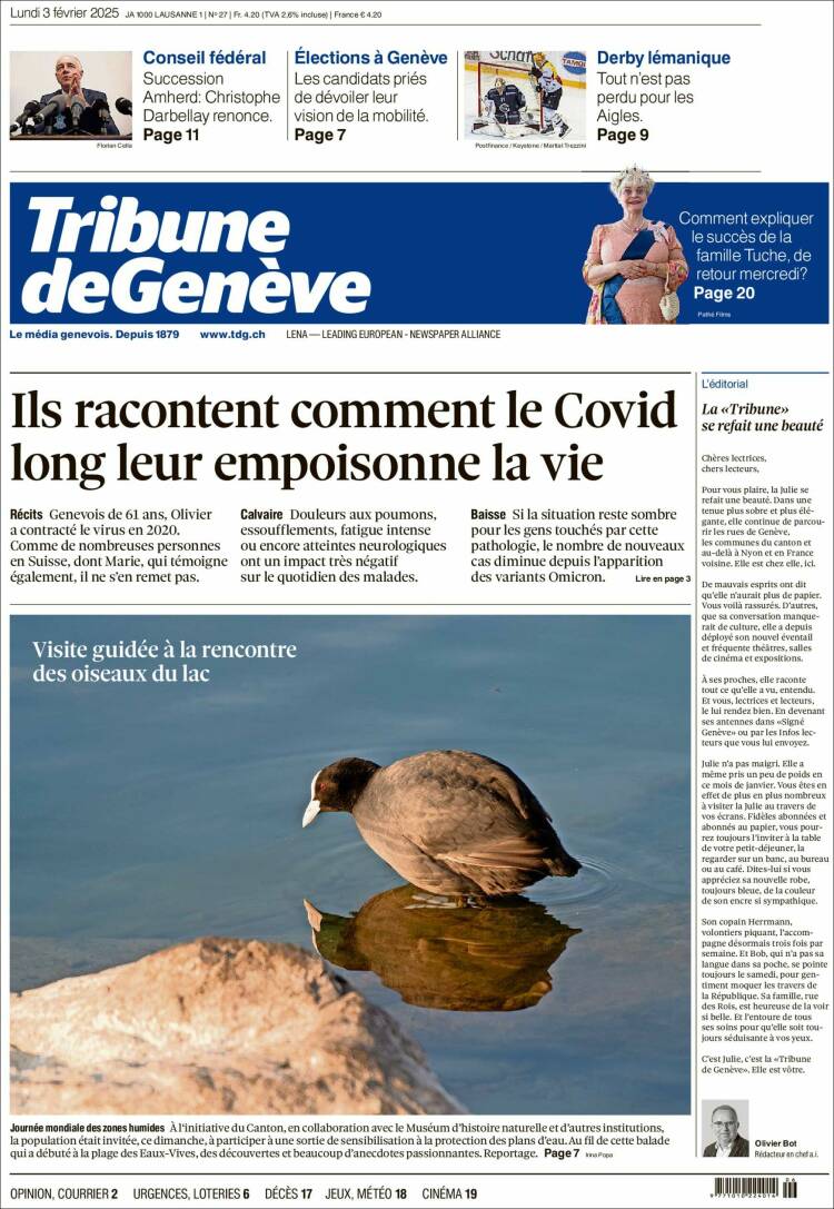 Portada de La Tribune de Genève (Suiza)