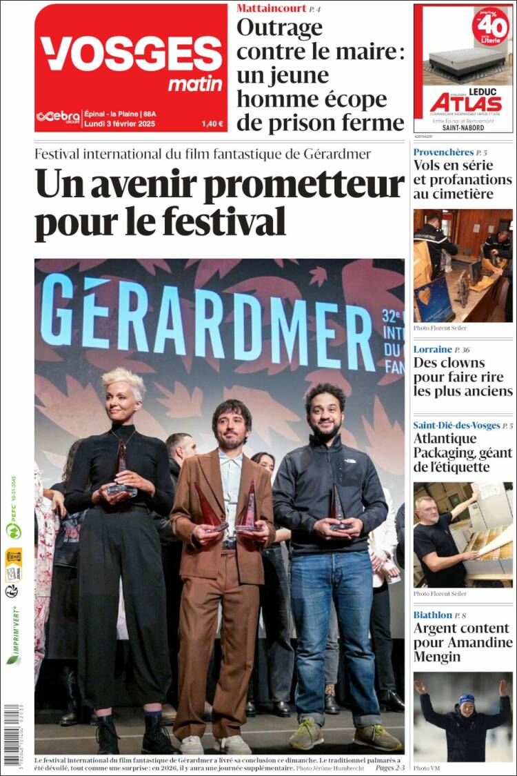 Portada de Vosges Matin (Francia)