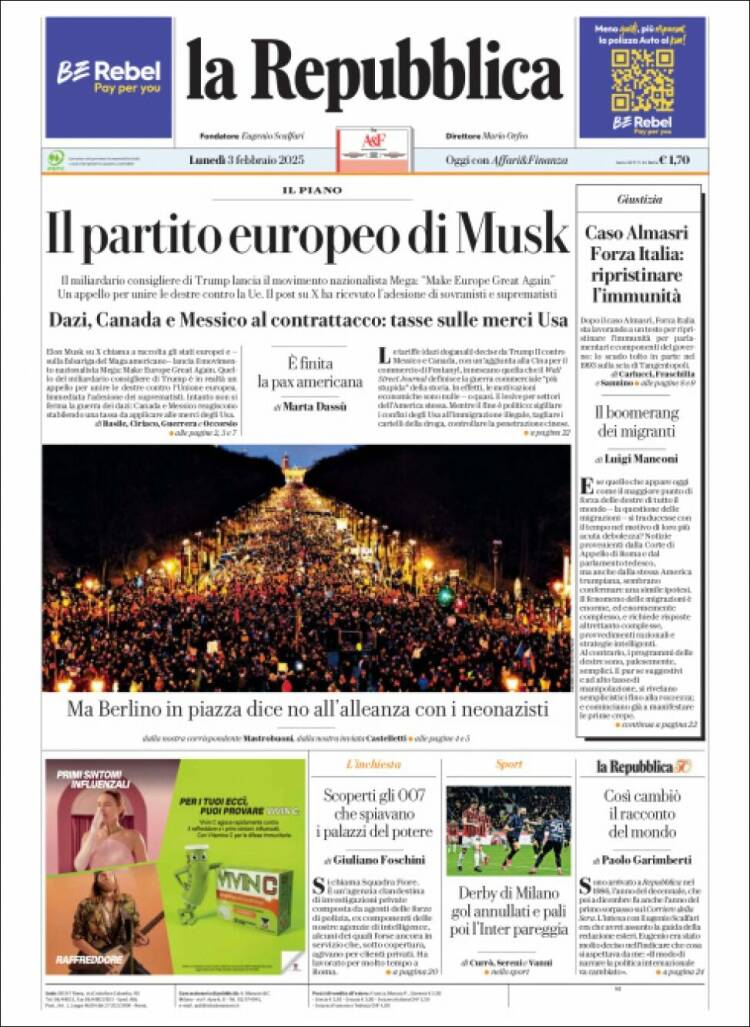 Portada de La Repubblica (Italia)