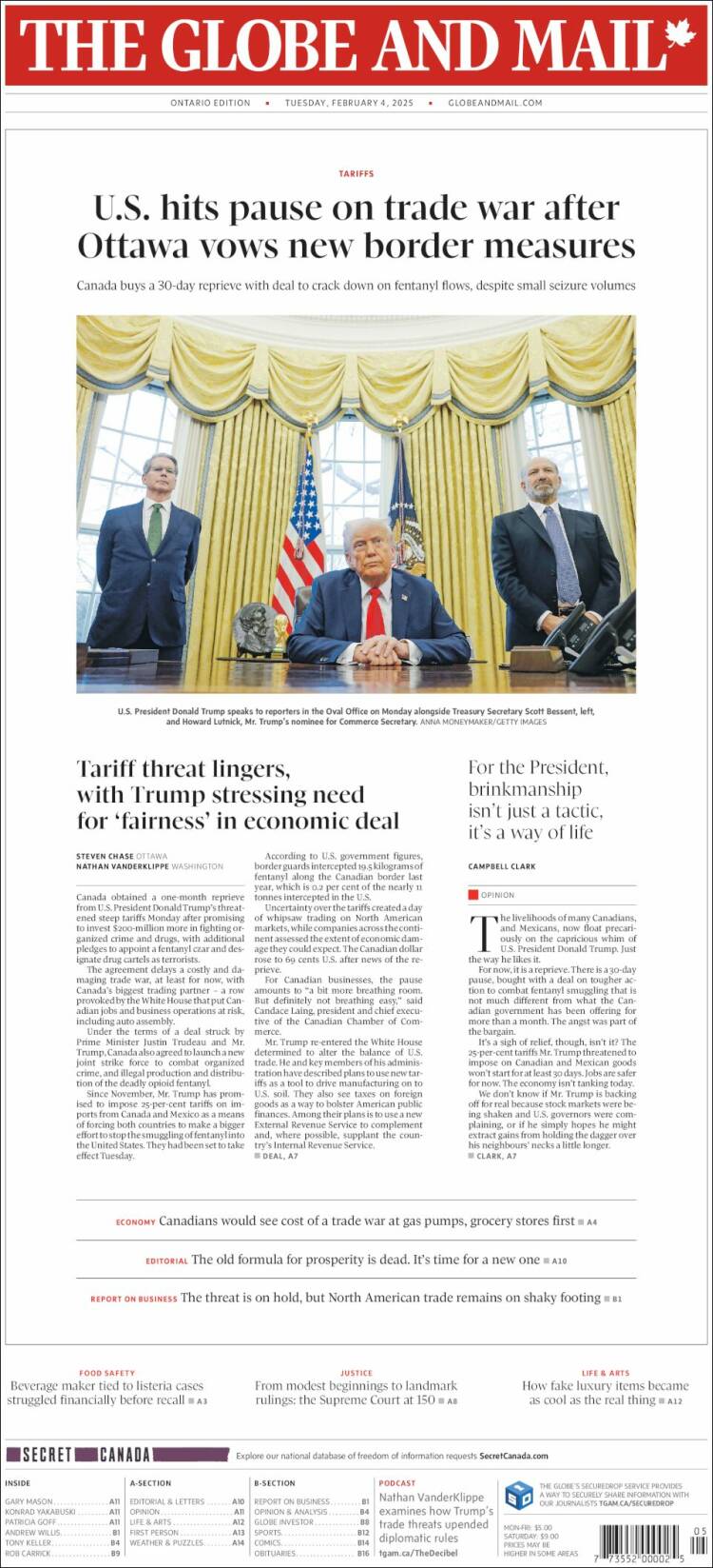 Portada de The Globe and Mail (Canadá)